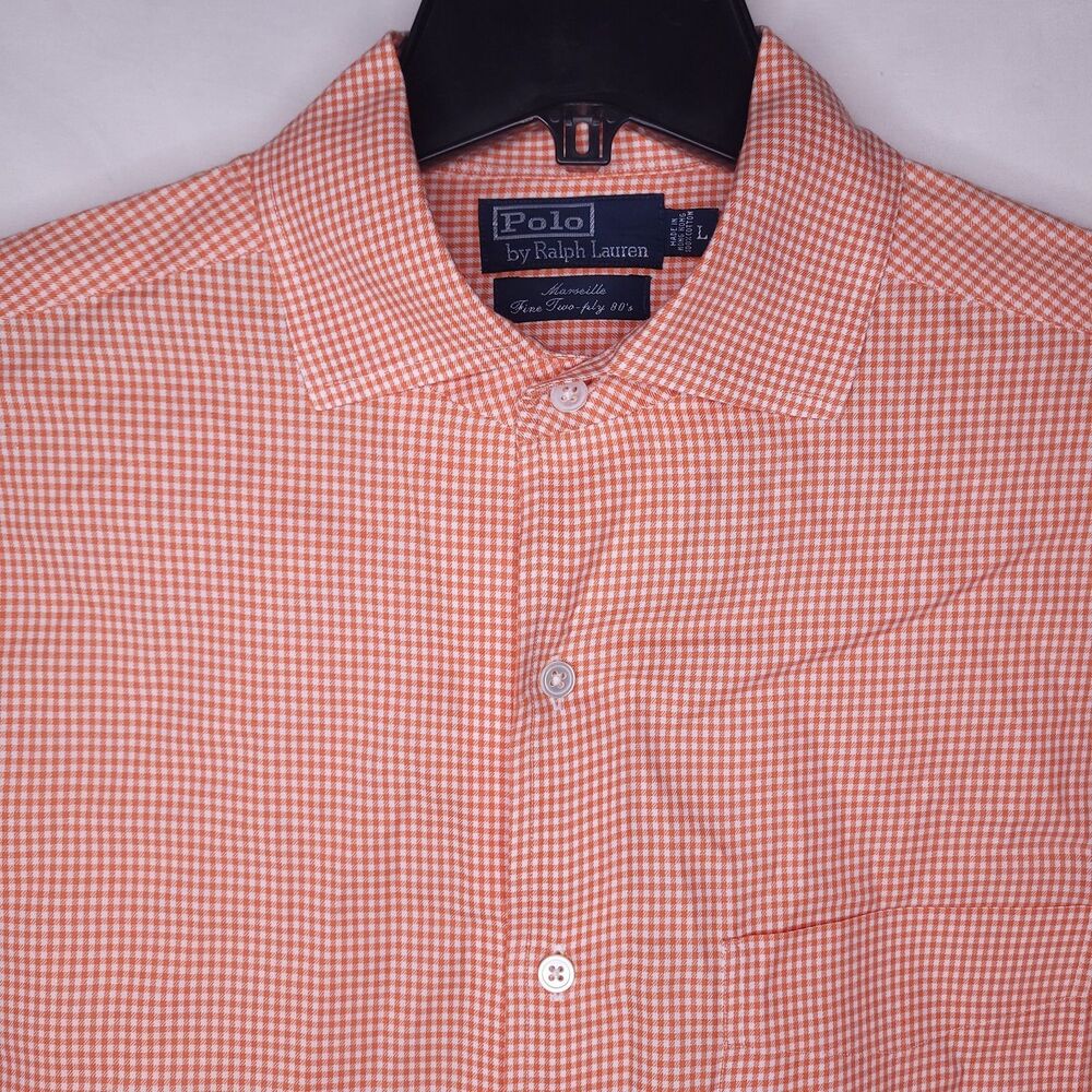 Polo Ralph Lauren Shirt Mens Large Gingham Orange, White Marseille Fine Two Ply